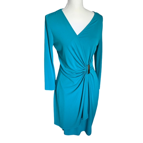 Calvin Klein Turquoise V Neck Long Sleeve Midi Dress Size 8 - Picture 1 of 3